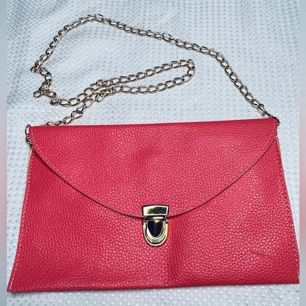 Faux Leather Coral Envelope Clutch with Removable Gold Chain Strap.